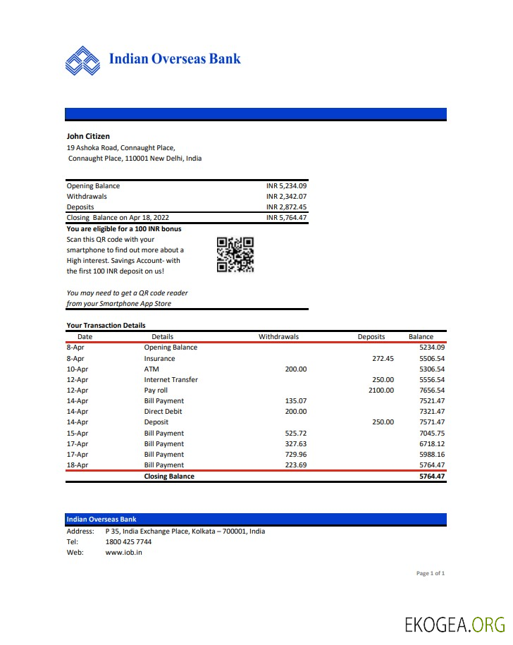 Inde Relevé de la Indian Overseas Bank